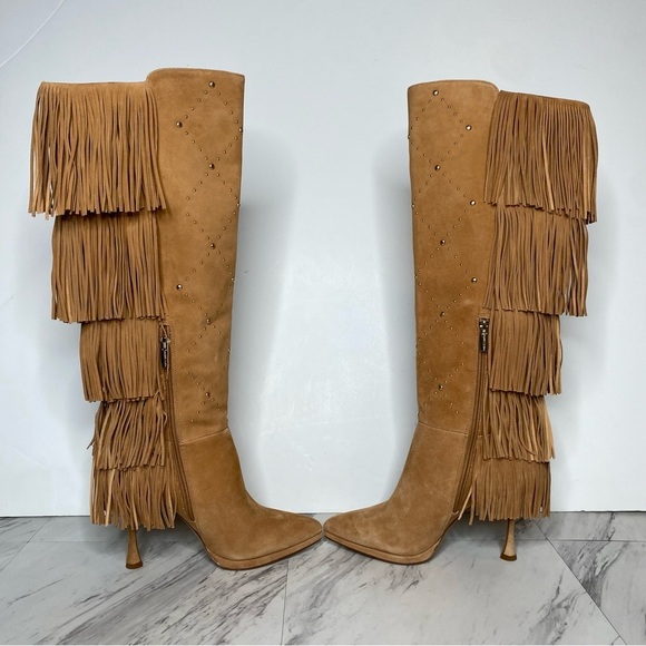 Vince Camuto Panaryaz Light Brown Suede Fringe Embellished Tall Boot 7M - Picture 5 of 15